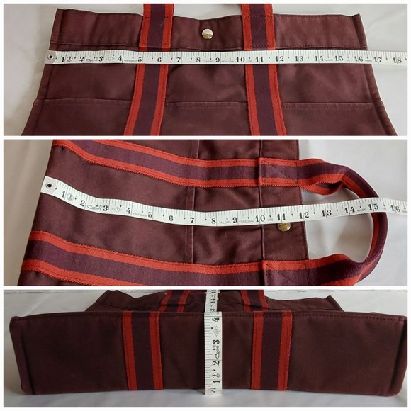 'HERMES-PARIS' 'FOOL TOE BASAS' LARGE PINSTRIPE DOUBLE STRAP CANVAS BAG - Picture 15 of 16